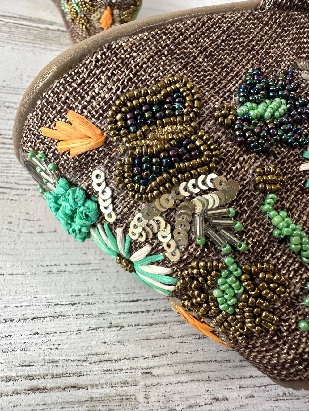 NWOT Beaded Sequin 3D Floral Platform Wedge Sandals 41 Butterfly Mixed Media